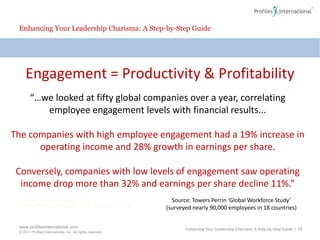 Enhancing Your Leadership Charisma: A Step-by-Step GuideEngagement = Productivity & Profitability“…we looked at fifty global companies over a year, correlating employee engagement levels with financial results... The companies with high employee engagement had a 19% increase in operating income and 28% growth in earnings per share. Conversely, companies with low levels of engagement saw operating income drop more than 32% and earnings per share decline 11%.”Source: Towers Perrin ‘Global Workforce Study’(surveyed nearly 90,000 employees in 18 countries)Enhancing Your Leadership Charisma: A Step-by-Step Guide | 14
