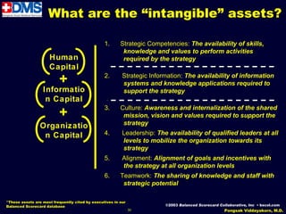 What are the “intangible” assets?

                                                 1.      Strategic Competencies: The availability of skills,
                                                          knowledge and values to perform activities
                     Human                                required by the strategy
                     Capital
                                                 2.       Strategic Information: The availability of information
                          +                               systems and knowledge applications required to
                  Informatio                              support the strategy
                   n Capital
                                                 3.      Culture: Awareness and internalization of the shared
                          +                               mission, vision and values required to support the
                                                          strategy
                Organizatio
                 n Capital                       4.       Leadership: The availability of qualified leaders at all
                                                          levels to mobilize the organization towards its
                                                          strategy
                                                 5.       Alignment: Alignment of goals and incentives with
                                                          the strategy at all organization levels
                                                 6.      Teamwork: The sharing of knowledge and staff with
                                                          strategic potential

*These assets are most frequently cited by executives in our
Balanced Scorecard database                                              ©2003 Balanced Scorecard Collaborative, Inc • bscol.com
                                                               30                                    Pongsak Viddayakorn, M.D.
 