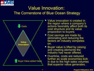 Value Innovation:
           The Cornerstone of Blue Ocean Strategy
                                                Value innovation is created in
                                                 the region where a company’s
                   Costs                         actions favorably affect both its
                                                 cost structure and its value
                                                 proposition to buyers.
                                                Cost savings are made by
                                                 eliminating and reducing the
                  Value
                                                 factors an industry competes
                Innovation                       on.
                                                Buyer value is lifted by raising
                                                 and creating elements the
                                                 industry has never offered.
                                                Overtime, costs are reduced
                                                 further as scale economies kick
                Buyer Value added Value          in due to the high sales volumes
                                                 that superior value generates.
The Simultaneous Pursuit of Differentiation and Low Cost
                                          32                          Pongsak Viddayakorn, M.D.
 