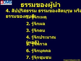 ธรรมของผู้นำำ
4. สัปปุริสธรรม ธรรมของสัตบุรุษ หรือ
ธรรมของคนดี้จักเหตุ
           1. รู
         2. รู้จักผล
         3. รู้จักตน
         4. รู้จักประมำณ
         (พอดีักกำล
         5. รู้จ )
         6. รู้จักบุคคล
         7. รู้จักชุมชน
              59           Pongsak Viddayakorn, M.D.
 