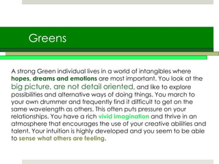 Greens
A strong Green individual lives in a world of intangibles where
hopes, dreams and emotions are most important. You look at the
big picture, are not detail oriented, and like to explore
possibilities and alternative ways of doing things. You march to
your own drummer and frequently find it difficult to get on the
same wavelength as others. This often puts pressure on your
relationships. You have a rich vivid imagination and thrive in an
atmosphere that encourages the use of your creative abilities and
talent. Your intuition is highly developed and you seem to be able
to sense what others are feeling.
 