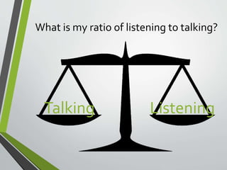 What is my ratio of listening to talking? 
Talking Listening 
 