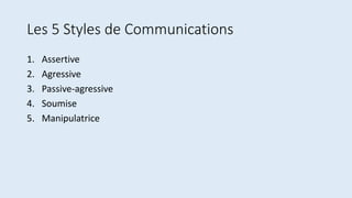 Les 5 Styles de Communications
1. Assertive
2. Agressive
3. Passive-agressive
4. Soumise
5. Manipulatrice
 