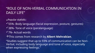 “ROLE OF NON-VERBAL COMMUNICATION IN
DAILY LIFE”
📊Popular statistic:
55%- Body language (facial expression, posture, gestures)
38%- Tone of voice (paralanguage)
7%- Actual words
This comes from research by Albert Mehrabian.
“Studies suggest that up to 93% of communication can be Non-
Verbal, including body language and tone of voice, especially
when expressing feelings.”
 