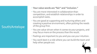 South/Antelope
 Your value words are “fair” and “inclusion.”
 You are more interested in collaboration than
competition, and establish relationships in order to
accomplish tasks.
 You are good at supporting and nurturing others and
creating a positive environment, often putting the needs
of the group first.
 You are value-driven when it comes to your projects, and
may focus more on the process than the result.
 Feelings are important to you and you use your intuition.
 You work best in a role where you can build the team and
help other people out.
 