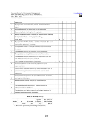 European Journal of Business and Management                                                                   www.iiste.org
ISSN 2222-1905 (Paper) ISSN 2222-2839 (Online)
Vol 4, No.7, 2012


        leaders’ skills.

17      My organization concerns in Building teams of       leaders and leaders of
        teams.

18      Providing mechanisms and opportunities for self-development.
19      Disseminating leadership throughout the organization.
20      Aligning management systems to promote and reinforce ongoing leadership
        development, and foster a winning corporate culture.
        Hiring Talents                                                                    5   4   3   2   1

21      My organization facilitate Creating a positive environment          that secure
        the immediate application of knowledge.

22      The organization invests in building the leadership and the development
        of creativity.

23      The organization works on the exploitation of core competencies.
24      The organization has strength in the development of future leaders.

25      The organization executes deep analysis on the requirements, role, basic
        skills of the potential talent required periodically.

        Hybrid Strategy: Cost leadership and differentiation.                             5   4   3   2   1

26      The Company believes that the best quality and low cost should
        support each other.

        There is ongoing research for analyzing the internal technological state, as
27      well the technology in the external environment to meet the client's
        expectations.
        The Organization recognizes that the needs and expectations of customers
28      are changing and developing.
        We are committed to quality products and innovative services.
29
        The company is building a good mental       image to customers by
30      offering discounts and added value.
        The organization work hard to enhance the technological capabilities to
31      meet the competitive necessities regional wise.


                                  Table 9a Model Summary

                                                    Adjusted         Std. Error of
     Model           R            R Square          R Square         the Estimate
     1                   .529 a       .280               .271              .48815
       a. Predictors: (Constant), Leadership competences




                                                                       244
 