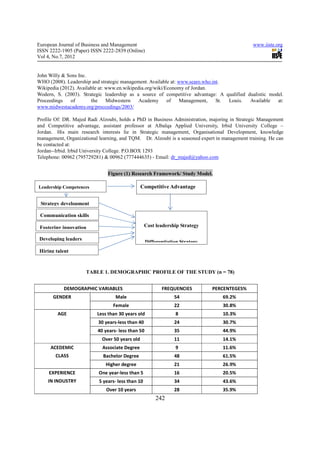 European Journal of Business and Management                                                    www.iiste.org
ISSN 2222-1905 (Paper) ISSN 2222-2839 (Online)
Vol 4, No.7, 2012


John Willy & Sons Inc.
WHO (2008). Leadership and strategic management. Available at: www.searo.who.int.
Wikipedia (2012). Available at: www.en.wikipedia.org/wiki/Economy of Jordan.
Wodern, S. (2003). Strategic leadership as a source of competitive advantage: A qualified dualistic model.
Proceedings   of        the     Midwestern    Academy      of   Management,    St. Louis.  Available   at:
www.midwestacademy.org/proccedings/2003/

Profile Of: DR. Majed Radi Alzoubi, holds a PhD in Business Administration, majoring in Strategic Management
and Competitive advantage, assistant professor at Albalqa Applied University, Irbid University College –
Jordan. His main research interests lie in Strategic management, Organisational Development, knowledge
management, Organizational learning, and TQM. Dr. Alzoubi is a seasoned expert in management training. He can
be contacted at:
Jordan--Irbid. Irbid University College. P.O.BOX 1293
Telephone: 00962 (795729281) & 00962 (777444635) - Email: dr_majed@yahoo.com


                               Figure (1) Research Framework/ Study Model.

Leadership Competences                          Competitive Advantage


 Strategy development

 Communication skills

 Fostering innovation                              Cost leadership Strategy

 Developing leaders
                                                   Differentiation Strategy
 Hiring talent



                      TABLE 1. DEMOGRAPHIC PROFILE OF THE STUDY (n = 78)


           DEMOGRAPHIC VARIABLES                          FREQUENCIES         PERCENTEGES%
       GENDER                     Male                          54                69.2%
                                 Female                         22                30.8%
         AGE              Less than 30 years old                8                 10.3%
                           30 years-less than 40                24                30.7%
                          40 years- less than 50                35                44.9%
                            Over 50 years old                   11                14.1%
     ACEDEMIC               Associate Degree                    9                 11.6%
        CLASS                Bachelor Degree                    48                61.5%
                              Higher degree                     21                26.9%
     EXPERIENCE            One year-less than 5                 16                20.5%
    IN INDUSTRY            5 years- less than 10                34                43.6%
                              Over 10 years                     28                35.9%
                                                        242
 