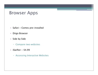 Browser Apps


• Safari - Comes pre-installed

• Diigo Browser

• Side by Side

  ! Compare two websites

• iSwifter - $4.99

  ! Accessing Interactive Websites
 
