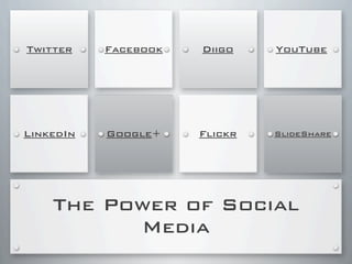 The Power of Social
Media
Flickr
YouTubeTwitter Facebook
LinkedIn Google+
Diigo
SlideShare
 