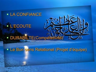 LA CONFIANCE L’ECOUTE DURABILTE(Compététivité) Le Bon sens Relationel (Projet d’équipe) 