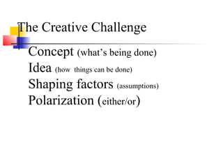 The Creative Challenge
Concept (what’s being done)
Idea (how things can be done)
Shaping factors (assumptions)
Polarization (either/or)
 