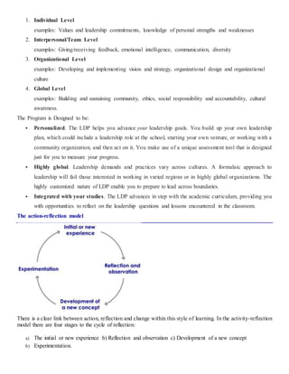 1. Individual Level
examples: Values and leadership commitments, knowledge of personal strengths and weaknesses
2. Interpersonal/Team Level
examples: Giving/receiving feedback, emotional intelligence, communication, diversity
3. Organizational Level
examples: Developing and implementing vision and strategy, organizational design and organizational
culture
4. Global Level
examples: Building and sustaining community, ethics, social responsibility and accountability, cultural
awareness.
The Program is Designed to be:
 Personalized. The LDP helps you advance your leadership goals. You build up your own leadership
plan, which could include a leadership role at the school, starting your own venture, or working with a
community organization, and then act on it. You make use of a unique assessment tool that is designed
just for you to measure your progress.
 Highly global. Leadership demands and practices vary across cultures. A formulaic approach to
leadership will fail those interested in working in varied regions or in highly global organizations. The
highly customized nature of LDP enable you to prepare to lead across boundaries.
 Integrated with your studies. The LDP advances in step with the academic curriculum, providing you
with opportunities to reflect on the leadership questions and lessons encountered in the classroom.
The action-reflection model
There is a clear link between action, reflection and change within this style of learning. In the activity-reflection
model there are four stages to the cycle of reflection:
a) The initial or new experience b) Reflection and observation c) Development of a new concept
b) Experimentation.
 