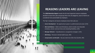 REASONS LEADERS ARE LEAVING
The 2018 Retention Report reveals the 50 most important reasons employees
decided to leave their jobs and groups them into 10 categories, seven of which are
considered more preventable by employers.
The Top 5 categories of reasons employees leave their jobs are:
• Career Development – No opportunity to grow in a preferred job and career. (21%)
• Work-Life Balance – Better work-life balance, which includes more favorable
schedules, shorter commute times and scheduling flexibility. (13%)
• Manager Behavior – Unprofessional or unsupportive managers. (11%)
• Well-Being – Personal or family health issues. (9%)
• Compensation and Benefits – Pay was cited more often than benefits. (9%)
8
 