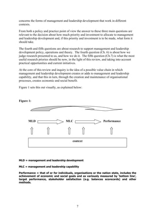 concerns the forms of management and leadership development that work in different
contexts.

From both a policy and practice point of view the answer to these three main questions are
relevant to the decision about how much priority and investment to allocate to management
and leadership development and, if this priority and investment is to be made, what form it
should take.

The fourth and fifth questions are about research to support management and leadership
development policy, operations and theory. The fourth question (Ch. 6) is about how we
judge research presented to us, and how we do it. The fifth question (Ch.7) is what the most
useful research priories should be now, in the light of this review, and taking into account
practical opportunities and current initiatives.

At the core of this review and inquiry is the idea of a possible value chain in which
management and leadership development creates or adds to management and leadership
capability, and that this in turn, through the creation and maintenance of organisational
processes, creates economic and social benefit.

Figure 1 sets this out visually, as explained below:



Figure 1:




       MLD                            MLC                           Performance




                                            context




MLD = management and leadership development

MLC = management and leadership capability

Performance = that of or for individuals, organisations or the nation state, includes the
achievement of economic and social goals and as variously measured by ‘bottom line’,
target performance, stakeholder satisfaction (e.g. balances scorecards) and other
methods.




                                               7
 