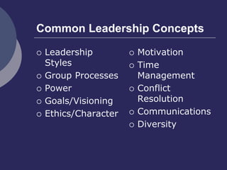 Common Leadership Concepts
 Leadership
Styles
 Group Processes
 Power
 Goals/Visioning
 Ethics/Character
 Motivation
 Time
Management
 Conflict
Resolution
 Communications
 Diversity
 