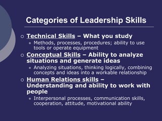 Categories of Leadership Skills
 Technical Skills – What you study
 Methods, processes, procedures; ability to use
tools or operate equipment
 Conceptual Skills – Ability to analyze
situations and generate ideas
 Analyzing situations, thinking logically, combining
concepts and ideas into a workable relationship
 Human Relations skills –
Understanding and ability to work with
people
 Interpersonal processes, communication skills,
cooperation, attitude, motivational ability
 