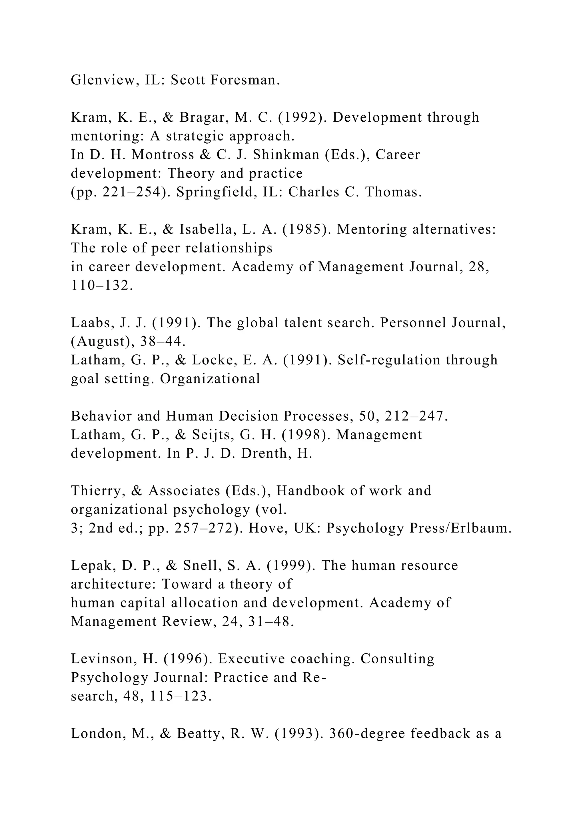 Glenview, IL: Scott Foresman.
Kram, K. E., & Bragar, M. C. (1992). Development through
mentoring: A strategic approach.
In D. H. Montross & C. J. Shinkman (Eds.), Career
development: Theory and practice
(pp. 221–254). Springfield, IL: Charles C. Thomas.
Kram, K. E., & Isabella, L. A. (1985). Mentoring alternatives:
The role of peer relationships
in career development. Academy of Management Journal, 28,
110–132.
Laabs, J. J. (1991). The global talent search. Personnel Journal,
(August), 38–44.
Latham, G. P., & Locke, E. A. (1991). Self-regulation through
goal setting. Organizational
Behavior and Human Decision Processes, 50, 212–247.
Latham, G. P., & Seijts, G. H. (1998). Management
development. In P. J. D. Drenth, H.
Thierry, & Associates (Eds.), Handbook of work and
organizational psychology (vol.
3; 2nd ed.; pp. 257–272). Hove, UK: Psychology Press/Erlbaum.
Lepak, D. P., & Snell, S. A. (1999). The human resource
architecture: Toward a theory of
human capital allocation and development. Academy of
Management Review, 24, 31–48.
Levinson, H. (1996). Executive coaching. Consulting
Psychology Journal: Practice and Re-
search, 48, 115–123.
London, M., & Beatty, R. W. (1993). 360-degree feedback as a
 