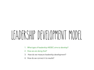 leadership development model 
1. What type of leadership AIESEC aims to develop? 
2. How we are doing that? 
3. How do we measure leadership development? 
4. How do we connect it to results? 
 