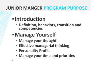 ▪Introduction
▪ Definition, behaviors, transition and
competencies
▪Manage Yourself
▪ Manage your thought
▪ Effective managerial thinking
▪ Personality Profile
▪ Manage your time and priorities
▪
JUNIOR MANGER PROGRAM PURPOSE
 