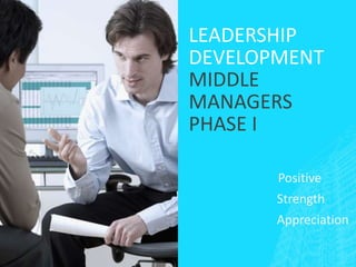 LEADERSHIP
DEVELOPMENT
MIDDLE
MANAGERS
PHASE I
Positive
Strength
Appreciation
 