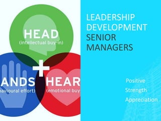 LEADERSHIP
DEVELOPMENT
SENIOR
MANAGERS
Positive
Strength
Appreciation
 