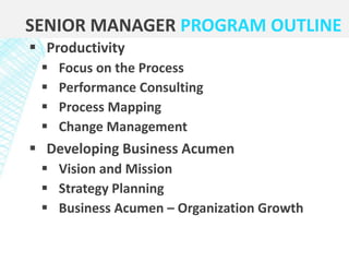 SENIOR MANAGER PROGRAM OUTLINE
 Productivity
 Focus on the Process
 Performance Consulting
 Process Mapping
 Change Management
 Developing Business Acumen
 Vision and Mission
 Strategy Planning
 Business Acumen – Organization Growth
 
