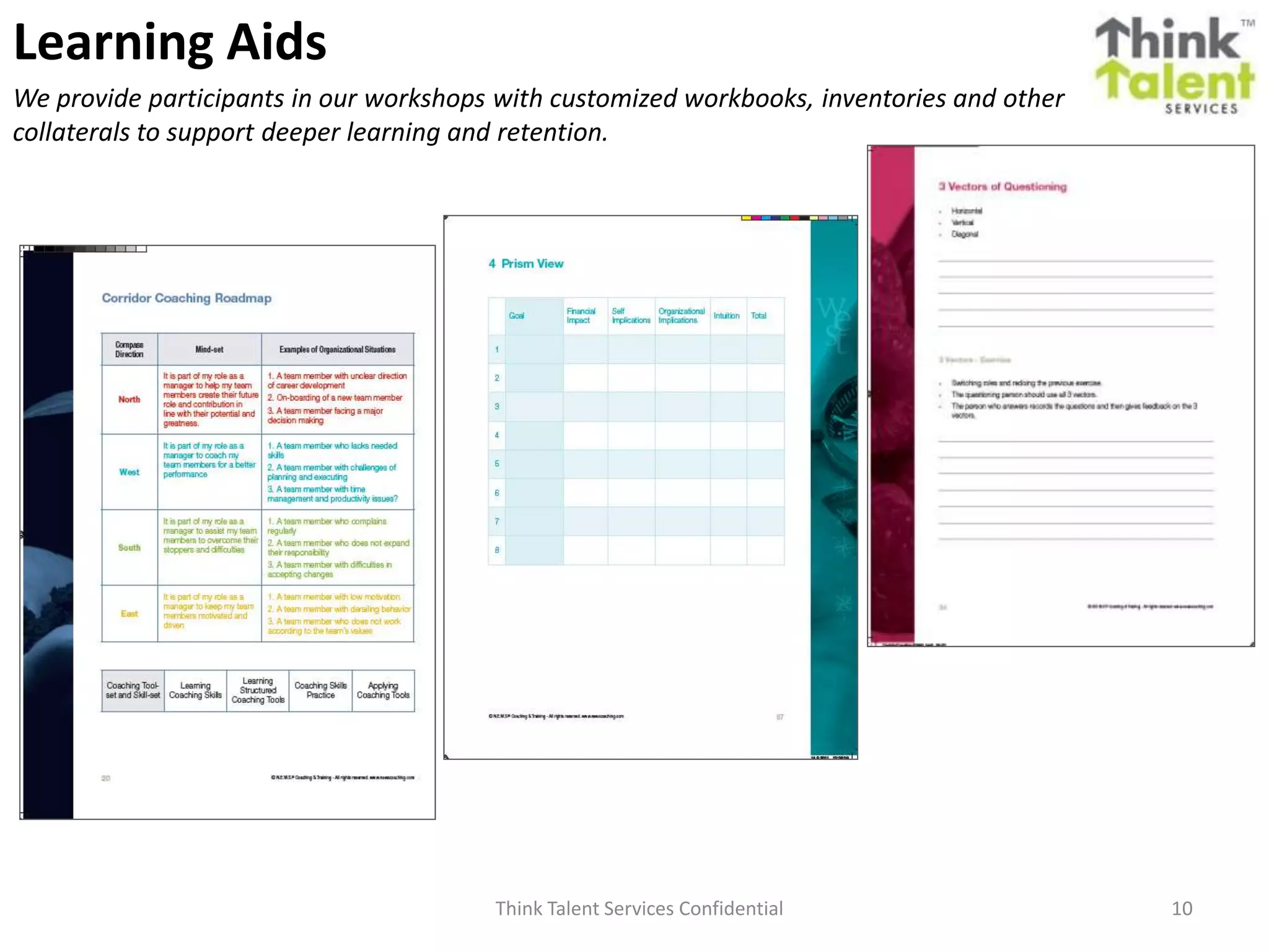 Think Talent Services Confidential 10
Learning Aids
We provide participants in our workshops with customized workbooks, inventories and other
collaterals to support deeper learning and retention.
 
