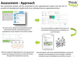 Assessment - Approach
Our assessment process will be customized to the organizational context and will aim to
provide rich development insights both at an individual and an organizational level.
8
Each participant will receive detailed feedback on observed
strengths and development areas through a detailed
Individual report and feedback assimilation sessions
We also enable the Organization to view group level
assessment data and continue to track the cohort
through their development journey
The Assessment Design (including framework &
instruments) will be customized to focus on
competencies most relevant in the client context
Our online platform enables Client teams to
coordinate and track process completion on
real-time basis
 
