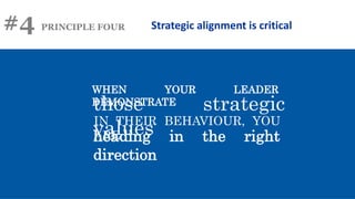 #4 PRINCIPLE FOUR Strategic alignment is critical
WHEN YOUR LEADER
DEMONSTRATE
those strategic
values
IN THEIR BEHAVIOUR, YOU
ARE
heading in the right
direction
 