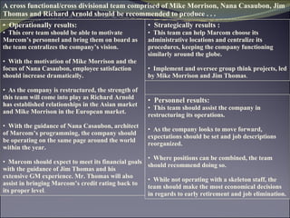 A cross functional/cross divisional team comprised of Mike Morrison, Nana Casaubon, Jim Thomas and Richard Arnold should be recommended to produce . . . Operationally results: This core team should be able to motivate Marcom’s personnel and bring them on board as the team centralizes the company’s vision.  With the motivation of Mike Morrison and the focus of Nana Casaubon, employee satisfaction should increase dramatically.  As the company is restructured, the strength of this team will come into play as Richard Arnold has established relationships in the Asian market and Mike Morrison in the European market.  With the guidance of Nana Casaubon, architect of Marcom’s programming, the company should be operating on the same page around the world within the year.  Marcom should expect to meet its financial goals with the guidance of Jim Thomas and his extensive GM experience. Mr. Thomas will also assist in bringing Marcom’s credit rating back to its proper level .  Strategically results :  This team can help Marcom choose its administrative locations and centralize its procedures, keeping the company functioning similarly around the globe.  Implement and oversee group think projects, led by Mike Morrison and Jim Thomas .  Personnel results: This team should assist the company in restructuring its operations.  As the company looks to move forward, expectations should be set and job descriptions reorganized.  Where positions can be combined, the team should recommend doing so.  While not operating with a skeleton staff, the team should make the most economical decisions in regards to early retirement and job elimination.  