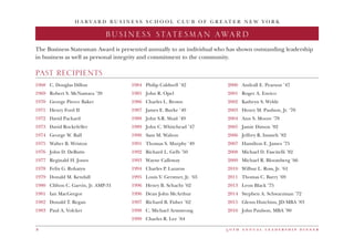 5 0 t h a n n u a l l e a d e r s h i p d i n n e r8
H A R V A R D B U S I N E S S S C H O O L C L U B O F G R E A T E R N E W Y O R K
BUSINESS STATESMAN AWARD
1968	 C. Douglas Dillon
1969	 Robert S. McNamara ’39
1970 	 George Pierce Baker
1971 	 Henry Ford II
1972 	 David Packard
1973 	 David Rockefeller
1974 	 George W. Ball
1975	 Walter B. Wriston
1976 	 John D. DeButts
1977 	 Reginald H. Jones
1978 	 Felix G. Rohatyn
1979 	 Donald M. Kendall
1980 	 Clifton C. Garvin, Jr. AMP-31
1981 	 Ian MacGregor
1982 	 Donald T. Regan
1983 	 Paul A. Volcker
1984 	 Philip Caldwell ’42
1985 	 John R. Opel
1986 	 Charles L. Brown
1987 	 James E. Burke ’49
1988 	 John S.R. Shad ’49
1989 	 John C. Whitehead ’47
1990 	 Sam M. Walton
1991 	 Thomas S. Murphy ’49
1992 	 Richard L. Gelb ’50
1993 	 Wayne Calloway
1994 	 Charles P. Lazarus
1995 	 Louis V. Gerstner, Jr. ’65
1996 	 Henry B. Schacht ’62
1996 	 Dean John McArthur
1997 	 Richard B. Fisher ’62
1998 	 C. Michael Armstrong
1999 	 Charles R. Lee ’64
2000 	 Andrall E. Pearson ’47
2001 	 Roger A. Enrico
2002 	 Kathryn S. Wylde
2003 	 Henry M. Paulson, Jr. ’70
2004 	 Ann S. Moore ’78
2005 	 Jamie Dimon ’82
2006 	 Jeffrey R. Immelt ’82
2007 	 Hamilton E. James ’75
2008 	 Michael D. Fascitelli ’82
2009 	 Michael R. Bloomberg ’66
2010 	 Wilbur L. Ross, Jr. ’61
2011 	 Thomas C. Barry ’69
2013	 Leon Black ’75
2014	 Stephen A. Schwarzman ’72
2015	 Glenn Hutchins, JD-MBA ’83
2016	 John Paulson, MBA ’80
The Business Statesman Award is presented annually to an individual who has shown outstanding leadership
in business as well as personal integrity and commitment to the community.
PAST RECIPIENTS
 