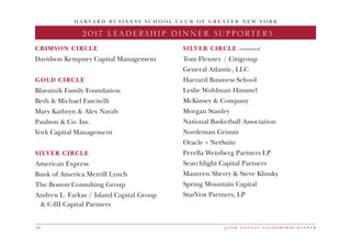 5 0 t h a n n u a l l e a d e r s h i p d i n n e r16
2017 LEADERSHIP DINNER SUPPORTERS
H A R V A R D B U S I N E S S S C H O O L C L U B O F G R E A T E R N E W Y O R K
CRIMSON CIRCLE
Davidson Kempner Capital Management
GOLD CIRCLE
Blavatnik Family Foundation
Beth  Michael Fascitelli
Mary Kathryn  Alex Navab
Paulson  Co. Inc.
York Capital Management
SILVER CIRCLE
American Express
Bank of America Merrill Lynch
The Boston Consulting Group
Andrew L. Farkas / Island Capital Group
	  C-III Capital Partners
SILVER CIRCLE continued
Tom Flexner / Citigroup
General Atlantic, LLC
Harvard Business School
Leslie Wohlman Himmel
McKinsey  Company
Morgan Stanley
National Basketball Association
Nordeman Grimm
Oracle + NetSuite
Perella Weinberg Partners LP
Searchlight Capital Partners
Maureen Sherry  Steve Klinsky
Spring Mountain Capital
StarVest Partners, LP
 