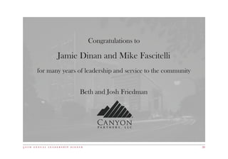 5 0 t h a n n u a l l e a d e r s h i p d i n n e r 39
Congratulations to
Jamie Dinan and Mike Fascitelli
for many years of leadership and service to the community
Beth and Josh Friedman
 