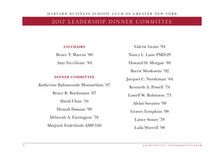 H A R V A R D B U S I N E S S S C H O O L C L U B O F G R E A T E R N E W Y O R K
5 0 t h a n n u a l l e a d e r s h i p d i n n e r4
2017 LEADERSHIP DINNER COMMITTEE
CO-CHAIRS
Bruce T. Marcus ’80
Amy Vecchione ’84
DINNER COMMITTEE
Katherine Bahamonde Monasebian ’07
Bruce R. Bockmann ’67
David Chan ’16
Hemali Dassani ’99
Deborah A. Farrington ’76
Marjorie Federbush AMP-160
Valerie Grant ’94
Nancy L. Lane PMD-29
Howard D. Morgan ’88
Barrie Moskowitz ’92
Jacques C. Nordeman ’64
Kenneth A. Powell ’74
Lowell W. Robinson ’73
Aleksi Suvanto ’99
Graves Tompkins ’08
Lance Stuart ’78
Laila Worrell ’98
 