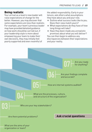 PREPARING TO LEAD / 27
Being realistic
Your arrival as a team’s new leader will
raise expectations of change for the
better. However, you may discover that
some expectations are less than realistic.
For example, your team’s previous leader
may have provided detailed guidance
on how work should be carried out; if
your leadership style is more about
empowering your team to make their
own decisions, they may initially feel
poorly supported and even resentful of
the added responsibility. Early in your
tenure, ask others what assumptions
they have about you and your role.
• Outline what success looks like to you.
Does their view match yours?
• What expectations do they have of how
long things will take?
• Have they been made any unrealistic
promises about what you will deliver?
You can then begin to address any
discrepancies between their expectations
and your reality.
Are you ready
for anything?
What are the aims of your
organization or team?
Who are your key stakeholders?
Are there potential problems?
What are the processes, culture,
and structure of the organization?
How are internal systems audited?
Are your ﬁndings complete
and accurate?
Ask crucial questions
 