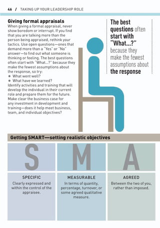 46 / TAKING UP YOUR LEADERSHIP ROLE
MEASURABLE
In terms of quantity,
percentage, turnover, or
some agreed qualitative
measure.
S M A
SPECIFIC
Clearly expressed and
within the control of the
appraisee.
AGREED
Between the two of you,
rather than imposed.
The best
questions often
start with
“What...?”
because they
make the fewest
assumptions about
the response
Getting SMART—setting realistic objectives
Giving formal appraisals
When giving a formal appraisal, never
show boredom or interrupt. If you ﬁnd
that you are talking more than the
person being appraised, rethink your
tactics. Use open questions—ones that
demand more than a “Yes” or “No”
answer—to ﬁnd out what someone is
thinking or feeling. The best questions
often start with “What...?” because they
make the fewest assumptions about
the response, so try:
• What went well?
• What have we learned?
Identify activities and training that will
develop the individual in their current
role and prepare them for the future.
Make clear the business case for
any investment in development and
training—does it help meet business,
team, and individual objectives?
 