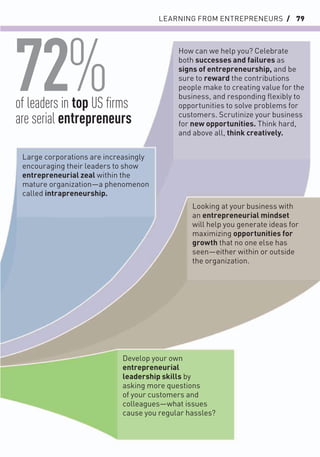 LEARNING FROM ENTREPRENEURS / 79
Looking at your business with
an entrepreneurial mindset
will help you generate ideas for
maximizing opportunities for
growth that no one else has
seen—either within or outside
the organization.
How can we help you? Celebrate
both successes and failures as
signs of entrepreneurship, and be
sure to reward the contributions
people make to creating value for the
business, and responding ﬂexibly to
opportunities to solve problems for
customers. Scrutinize your business
for new opportunities. Think hard,
and above all, think creatively.
Develop your own
entrepreneurial
leadership skills by
asking more questions
of your customers and
colleagues—what issues
cause you regular hassles?
Large corporations are increasingly
encouraging their leaders to show
entrepreneurial zeal within the
mature organization—a phenomenon
called intrapreneurship.
of leaders in top US ﬁrms
are serial entrepreneurs
72%
 