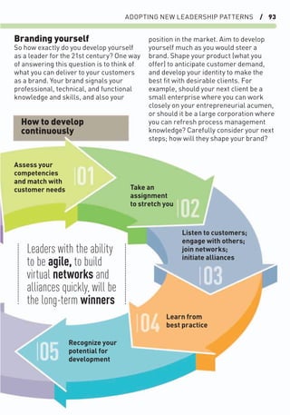 ADOPTING NEW LEADERSHIP PATTERNS / 93
Branding yourself
So how exactly do you develop yourself
as a leader for the 21st century? One way
of answering this question is to think of
what you can deliver to your customers
as a brand. Your brand signals your
professional, technical, and functional
knowledge and skills, and also your
position in the market. Aim to develop
yourself much as you would steer a
brand. Shape your product (what you
offer) to anticipate customer demand,
and develop your identity to make the
best ﬁt with desirable clients. For
example, should your next client be a
small enterprise where you can work
closely on your entrepreneurial acumen,
or should it be a large corporation where
you can refresh process management
knowledge? Carefully consider your next
steps; how will they shape your brand?
How to develop
continuously
Assess your
competencies
and match with
customer needs
Recognize your
potential for
development
Listen to customers;
engage with others;
join networks;
initiate alliances
Take an
assignment
to stretch you
Learn from
best practice
Leaders with the ability
to be agile, to build
virtual networks and
alliances quickly, will be
the long-term winners
 
