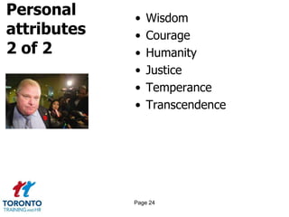 Personal
attributes
2 of 2
• Wisdom
• Courage
• Humanity
• Justice
• Temperance
• Transcendence
Page 24
 