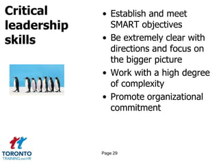 Critical
leadership
skills
• Establish and meet
SMART objectives
• Be extremely clear with
directions and focus on
the bigger picture
• Work with a high degree
of complexity
• Promote organizational
commitment
Page 29
 