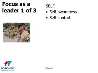 Focus as a
leader 1 of 3
SELF
• Self-awareness
• Self-control
Page 39
 