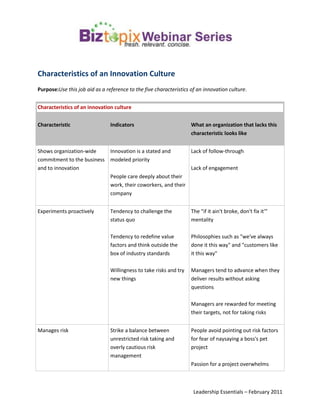 Characteristics of an Innovation Culture <br />Purpose: Use this job aid as a reference to the five characteristics of an innovation culture.<br />Characteristics of an innovation cultureCharacteristic Indicators What an organization that lacks this characteristic looks like Shows organization-wide commitment to the business and to innovation Innovation is a stated and modeled priorityPeople care deeply about their work, their coworkers, and their company Lack of follow-throughLack of engagement Experiments proactively Tendency to challenge the status quoTendency to redefine value factors and think outside the box of industry standardsWillingness to take risks and try new things The quot;
if it ain't broke, don't fix it'quot;
 mentalityPhilosophies such as quot;
we've always done it this wayquot;
 and quot;
customers like it this wayquot;
Managers tend to advance when they deliver results without asking questionsManagers are rewarded for meeting their targets, not for taking risks Manages risk Strike a balance between unrestricted risk taking and overly cautious risk managementIdentify and consider known risk factorsBe realistic about how much risk is reasonable, and work toward managing it People avoid pointing out risk factors for fear of naysaying a boss's pet projectPassion for a project overwhelms critical analysis of its merit Can implement ideas quickly Constantly be on the lookout for opportunities to seizeQuickly make decisions at all stages of the innovation processMust be able to rely on available resources and have competent, efficient teams Projects bog down at key decision-making checkpointsTeams aren't able to execute change quickly enough to maintain a competitive advantage for the organization Produces and cultivates innovators Managers allow new ideas to be heard and discussed Space is provided for innovators to develop and test new productsManagers and employees are rewarded for innovation Failure is discouraged or punishedThere's no quot;
innovation systemquot;
Innovation is always top-down <br />Best Practices for Innovation Leaders <br />Purpose: Use this job aid as a guide to the characteristics of an innovation leader and the best practices for attracting and nurturing innovators.<br />Leaders who are able to build and sustain an innovation culture share a few characteristics. Innovation leaders are <br />passionate about innovation<br />willing to experiment<br />realistic and informed<br />capable of rapid project execution, and<br />able to attract and nurture innovators<br />The ability to attract and nurture innovators has a direct bearing on whether innovation can germinate and flourish in your organization and is perhaps the most important characteristic. You can follow a few best practices to attract and nurture innovators within your organization. <br />Expose employees to new ideas <br />Practice quot;
cross-fertilizationquot;
 when hiring for key positions instead of hiring only from within the existing talent. <br />Create diverse teams.<br />Share ideas and perspectives.<br />Ensure that training, coaching, and resources are available to all employees.<br />Create a sense of ownership and responsibility <br />Make it clear to employees what role they're expected to play in innovation.<br />Be clear to yourself about what you expect<br />Have employees volunteer for projects.<br />Make a space for innovation to occur <br />Build a protective space around the innovators in your organization.<br />Prevent policies or other pressures from interfering with the creative process.<br />Give innovators the resources they need to get to work.<br />See the best ideas and projects through <br />Show a commitment to innovation and provide success stories to point to. <br />Encourage innovators by showing them that their ideas will be implemented. <br />Recognize employees' ideas.<br />Celebrate and reward work that leads to innovation <br />Celebrate individuals' differences.<br />Recognize people for their creativity.<br />Leadership Development Actions <br />Purpose: Use this job aid as a reference to actions you can include in your plan to develop yourself as a leader.<br />Development actions are composed of a variety of formal, informal, directed, and self-directed actions. It's important that the actions you that you choose are aligned with your leadership vision, goals, and objectives. Some common actions include the following: <br />reading and resource aids – Reading is one of the best ways to keep up with your area of expertise, to learn more about leadership, and to keep yourself inspired. Develop the habit of reading books, online sources, professional magazines, and journals.<br />participating in training sessions, programs, courses, and internships – Taking formal training sessions, programs, and classroom or online courses is an efficient way to gain skills and knowledge. Check your organization's training catalog, look into the offerings of local colleges and universities, and search the Internet. Also, many organizations hire college students as interns during the summer months. Internships give people exposure to the workplace and valuable, real-life experience. In return, organizations get the services of dedicated workers.<br />hands-on practice – There are many different ways to practice leadership techniques and strategies on the job, even if you are not currently in a position of leadership. For example, you could become a mentor for someone else, plan and facilitate a meeting, volunteer to give presentations, practice active listening, and develop your own personal guidelines for problem solving, decision making, and planning.<br />journaling – Journaling is especially helpful when you're trying to solve problems, clarify confusions, check your progress, and evaluate training and learning experiences. It's useful for sorting out what you've learned to date, and how you can apply it to your leadership role.<br />volunteering – You can't always get the leadership experiences that you need when you need them. However, some of the same kinds of experiences can be had by joining organizations or volunteering in your community. A community service organization can all give you the opportunity to practice public speaking, give presentations, improve people skills, and show leadership.<br />consulting with peer groups, role models, mentors, and coaches – In addition to identifying activities, you should also identify people who can help you. Find a peer group with which you can discuss your ideas and solicit feedback. Inform your supervisor or manager of your aspirations and check in periodically to assess your progress. And keep an eye out for individuals with expertise in areas where you want to grow.<br />Tools and Techniques for Sustaining the Plan <br />Purpose: Use this job aid as a reference to tools and techniques you can use to sustain your leadership development plan.<br />A leadership development plan is a living document. You must tend to it every day, as you would any other project plan. <br />To help you do this, you can use a number of techniques and tools to sustain your development plan: <br />daily reminders – One easy and effective way to stay focused on your plan is to write daily reminders on sticky notes and put the notes where you'll see them.<br />symbols – Symbols also make good reminders. If you imagine yourself as an eagle in your leadership journey, find an eagle figurine for your desk or use an image of an eagle as a screen saver on your computer. Each time you look at the eagle, your subconscious mind will reinforce your vision.<br />activities that help you reflect – A third way to stay focused is with activities that you do every day. Running, exercising, yoga, or meditation provide an excellent opportunity for reflecting on your journey, your plan, and yourself.<br />back-up plans – Another important way to sustain your plan is to have back-up plans, support, and reinforcement at the ready for when you confront obstacles.<br />rewards – And finally, it's important to build in rewards for celebrating your interim achievements. Every achievement, no matter how small, deserves a reward.<br />