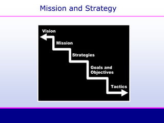 Mission and Strategy
Vision
Mission
Strategies
Goals and
Objectives
Tactics
 