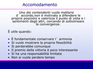Accomodamento
Uno dei contendenti vuole mettersi
d’accordo,non è motivato a difendere le
proprie posizioni e valorizza il punto di vista e i
sentimenti degli altri, cercando di sottolineare
le convergenze.
È utile quando:
• È fondamentale conservare l’armonia
• Si vuole mostrare la propria flessibilità
• Si perderebbe comunque
• Il premio della vittoria è poco interessante
• Si ha una responsabilità limitata
• Non si vuole perdere tempo
 