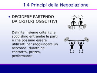 I 4 Principi della Negoziazione
• DECIDERE PARTENDO
DA CRITERI OGGETTIVI
Definite insieme criteri che
soddisfino entrambe le parti
e che possano essere
utilizzati per raggiungere un
acccordo: durata del
contratto, prezzo,
performance
 