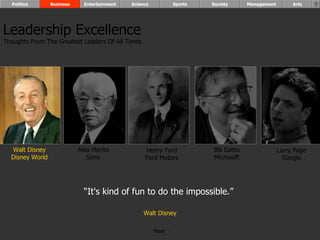 “ It's kind of fun to do the impossible.”  Walt Disney Walt Disney Disney World Henry Ford Ford Motors Bill Gates Microsoft Larry Page Google Akio Morita Sony Leadership Excellence Thoughts From The Greatest Leaders Of All Times  Politics Business Entertainment Science Sports Society Management Arts Next  