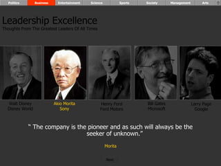 “  The company is the pioneer and as such will always be the seeker of unknown.” Morita Walt Disney Disney World Henry Ford Ford Motors Bill Gates Microsoft Larry Page Google Akio Morita Sony Leadership Excellence Thoughts From The Greatest Leaders Of All Times  Politics Business Entertainment Science Sports Society Management Arts Next  