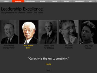 “ Curiosity is the key to creativity.” Morita Walt Disney Disney World Henry Ford Ford Motors Bill Gates Microsoft Larry Page Google Akio Morita Sony Leadership Excellence Thoughts From The Greatest Leaders Of All Times  Politics Business Entertainment Science Sports Society Management Arts Next  