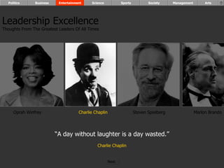 “ A day without laughter is a day wasted.” Charlie Chaplin Oprah Winfrey Charlie Chaplin Steven Spielberg Marlon Brando Leadership Excellence Thoughts From The Greatest Leaders Of All Times  Politics Business Entertainment Science Sports Society Management Arts Next  
