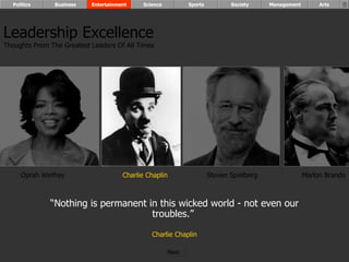 “ Nothing is permanent in this wicked world - not even our troubles.”  Charlie Chaplin Oprah Winfrey Charlie Chaplin Steven Spielberg Marlon Brando Leadership Excellence Thoughts From The Greatest Leaders Of All Times  Politics Business Entertainment Science Sports Society Management Arts Next  